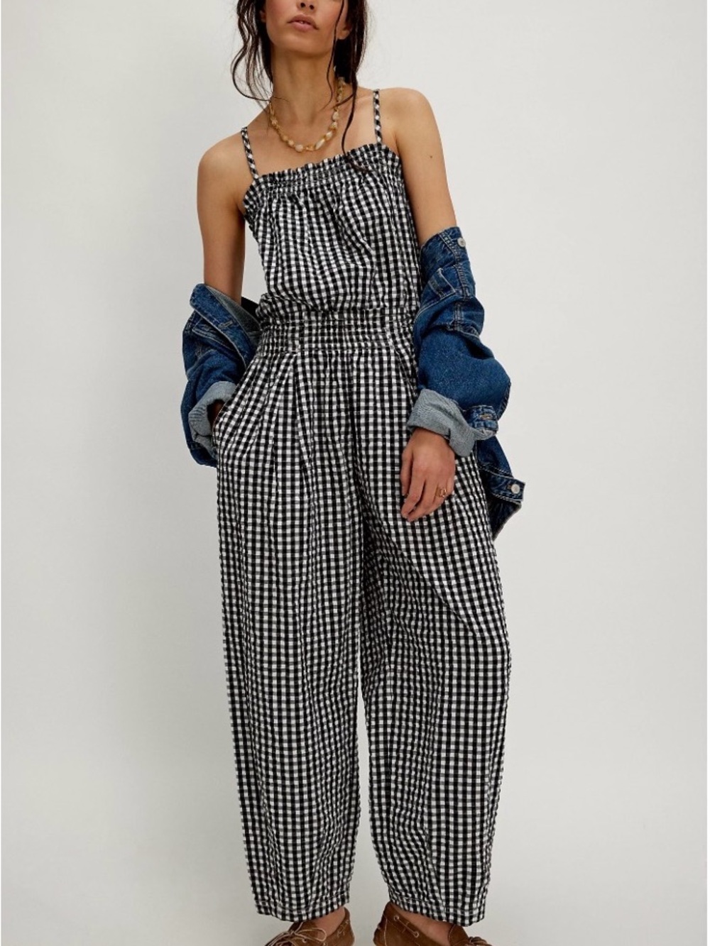 Gingham Smocked Wide-Leg Jumpsuit- Navy and White